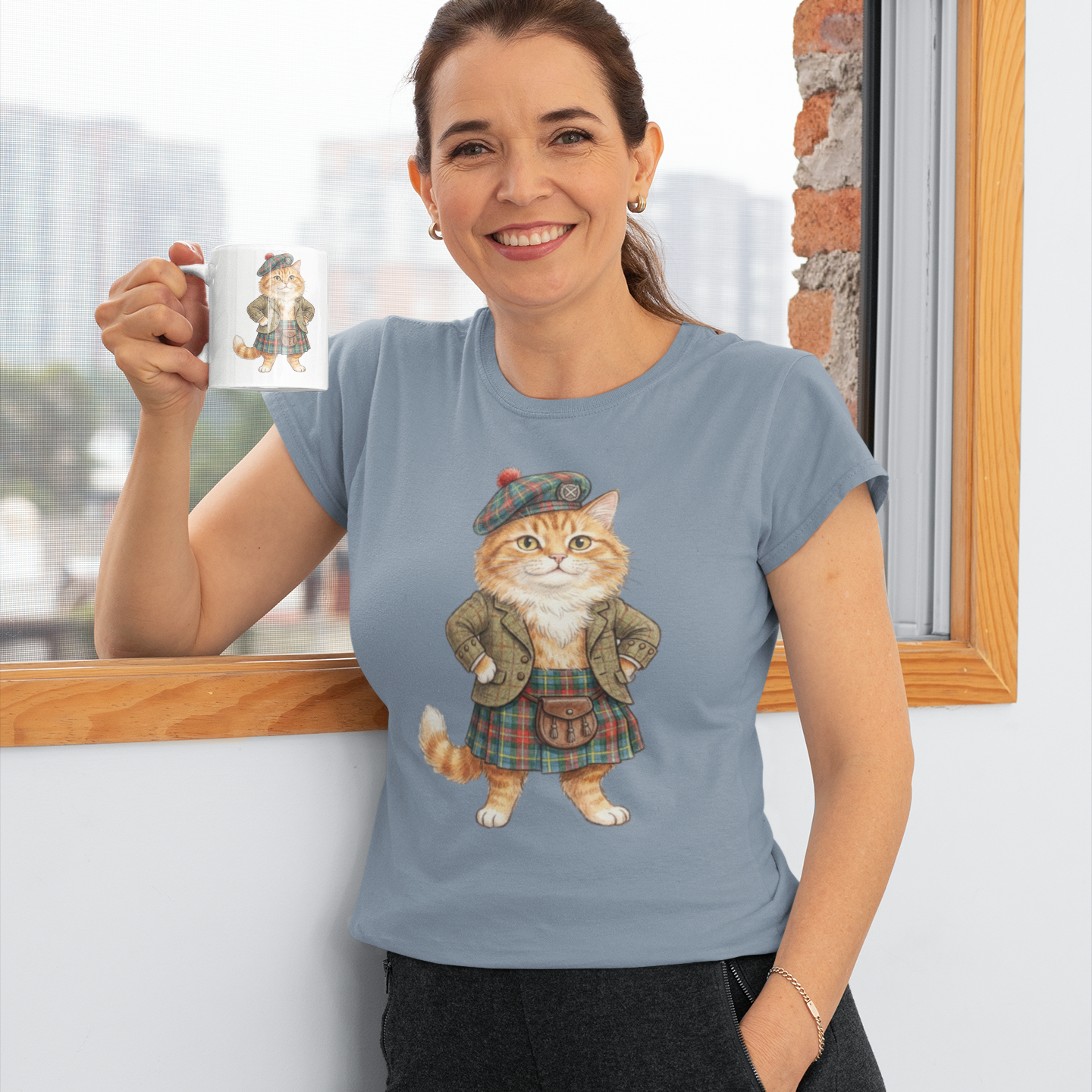 Scottish Cat T-Shirt — Cute Cat in Tartan Outfit